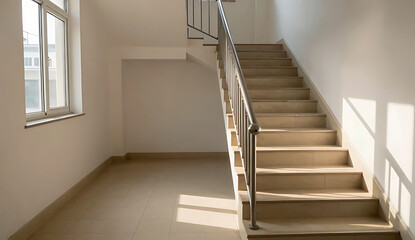 Fototapeta premium Indoor Staircase with Beige Tiles and Metal Handrail 