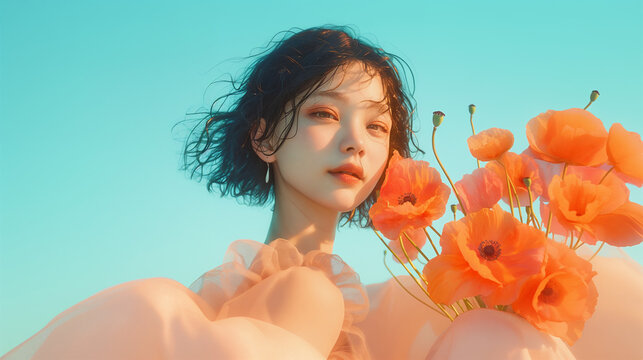 ポピーの花を持つ女性