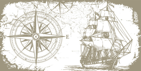 Vintage sailing ship and compass on old map © miht3325