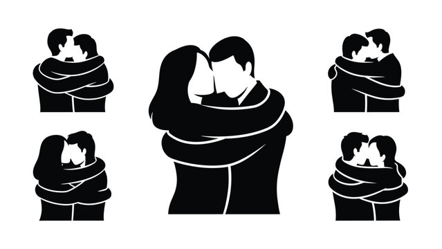 People hugging vector silhouette set, couples embracing, showing affection, friendship, and love, black shapes.