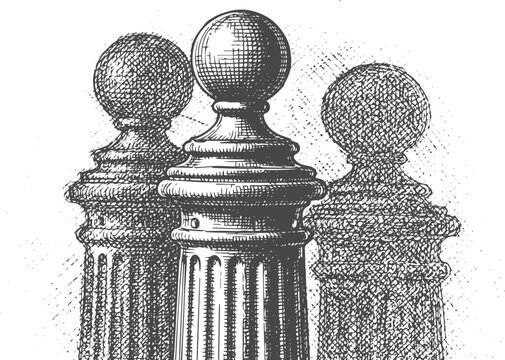 Three ornate finials with ball tops, style