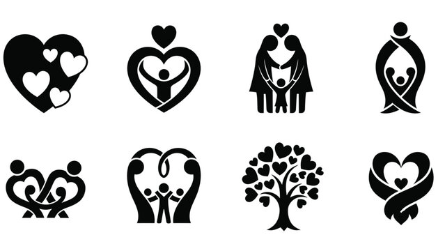 Family love unity solidarity care protection relationship abstract icon set, black and white vector art.
