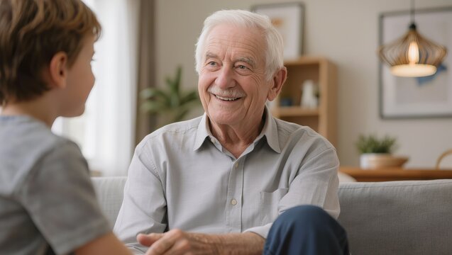Smiling senior man talking with child at home