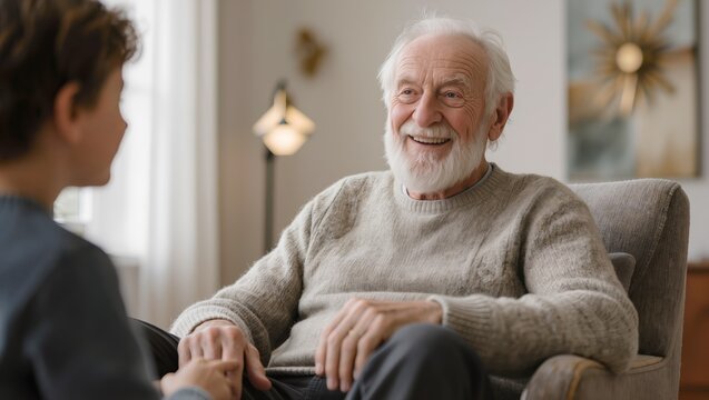 Smiling senior man talking with child at home