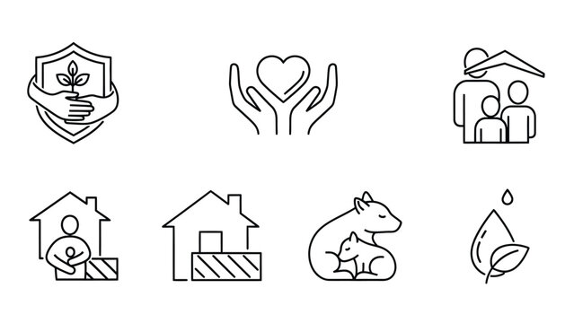 Set of six outline icons representing care, protection, and sustainability concepts.