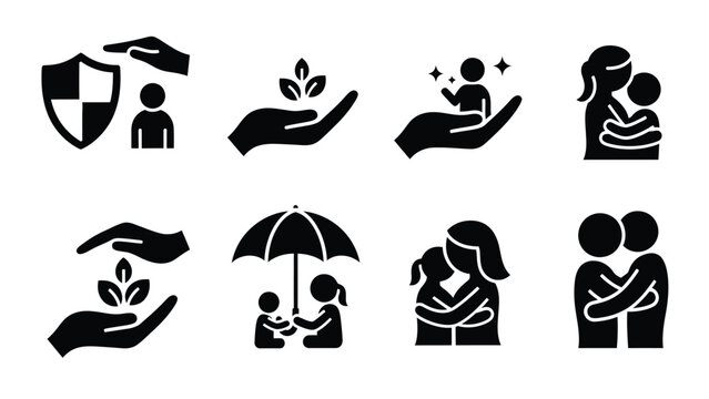 Set of eight black and white silhouette icons representing care and protection.