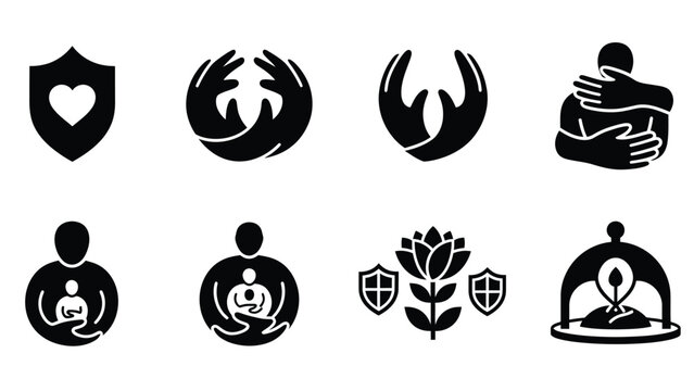 Set of protective and caring abstract symbols featuring heart and human forms.