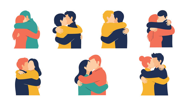 Set of eight cartoon style hugging couples. collection of people hugging with love and care.