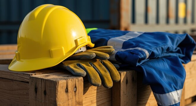 safety helmet gloves and protective coverall on wooden crate at construction site