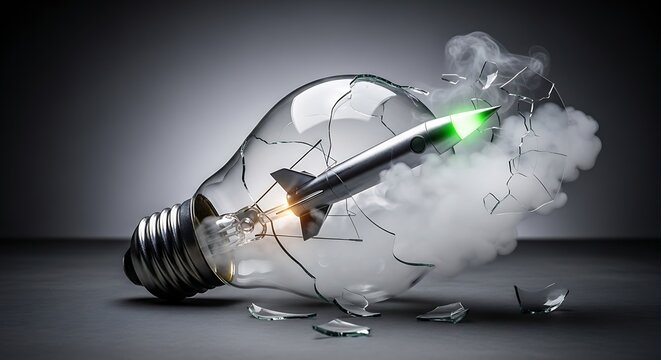 Silver rocket ship breaks through a clear glass lightbulb with smoke, symbolizing disruptive innovation and powerful new creative ideas