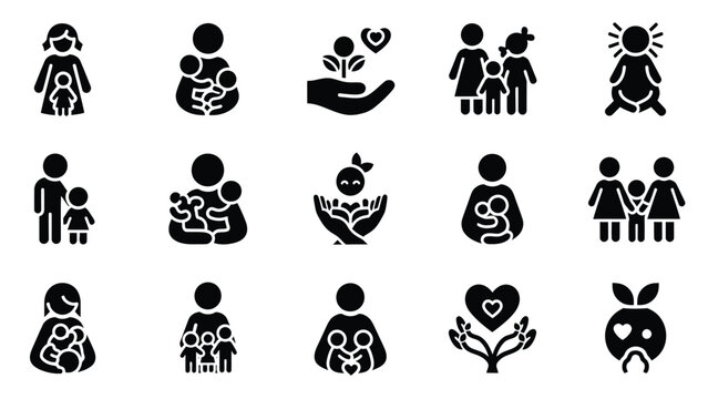 Set of family icons featuring mothers and children with various growth themes.