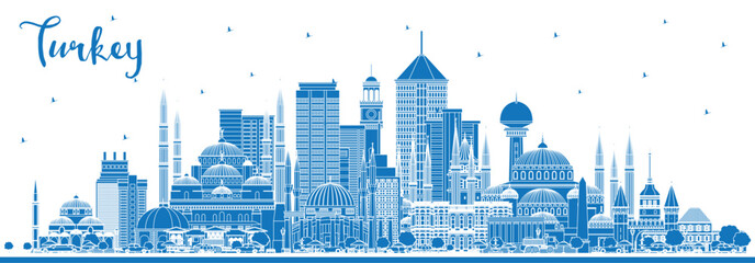 Naklejka premium Outline Turkey City Skyline with Blue Buildings. Illustration. Tourism Concept with Historic Architecture. Turkey Cityscape with Landmarks. Izmir. Ankara. Istanbul.