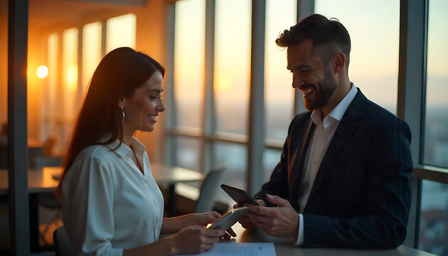 A diverse business duo smiles at sunset. 4K, HD