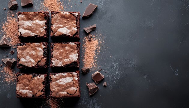 Delicious chocolate brownies dusted with cocoa powder, cut into squares