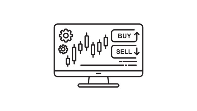 Algorithmic Trading and Stock Market Analysis Vector Icon with Editable Stroke. Minimalist Line Illustration of a Computer Monitor Displaying Candlestick Charts, Buy and Sell Order Buttons.