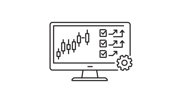 Algorithmic Trading and Automated Orders Vector Icon on Computer Monitor with Candlestick Chart, Checkboxes, and Gear. Minimalist Black Line Illustration with Editable Stroke for Fintech Apps.