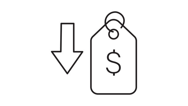 Price Reduction and Discount Minimalist Black Line Vector Icon Illustration Featuring a Price Tag with Dollar Sign and Downward Arrow, Editable Stroke for Customizable Line Weight on White.