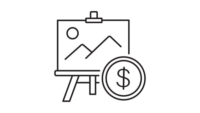 Art Investment and Painting Value Minimalist Black Line Vector Icon on White Background Representing a Landscape Painting on an Easel with a Dollar Coin, Editable Stroke Graphic Illustration.