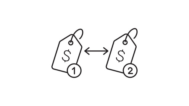 Arbitrage Opportunity Minimalist Black Line Vector Icon on White Background Representing Two Different Price Tags with a Double Arrow for Comparison, Editable Stroke Illustration for Market Analysis.