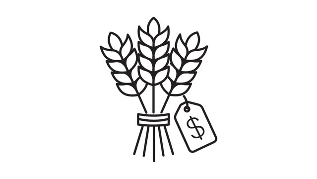 Commodities Market Wheat Bushel with Price Tag Editable Stroke Vector Icon. Minimalist black line illustration representing agricultural trade, food prices, and global economy on white background.
