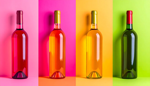 Wine bottle pop art featuring four panels with clashing vibrant neon colors like hot pink lime green and bright orange generative AI