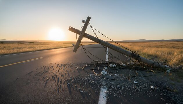 A broken wooden utility pole is down near a rural road after a severe storm, blocking the asphalt highway at sunset as a concept for a power outage and infrastructure failure crisis