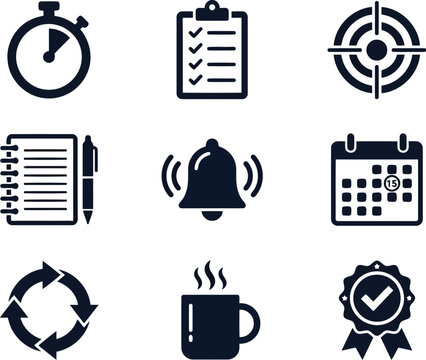 Set of business and office icons including timer clipboard target notepad bell calendar cycle coffee and badge