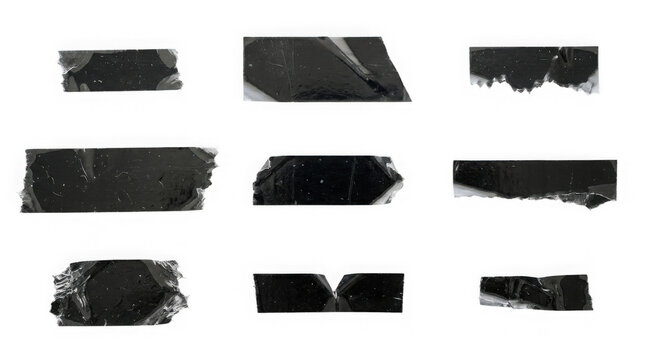 Transparent black plastic tape strips collection, dark semi-clear adhesive masking tape for modern industrial design and realistic film overlays, black sticky tape.