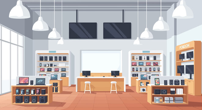 A brightly lit electronics store interior features displays of phones laptops and televisions high quality