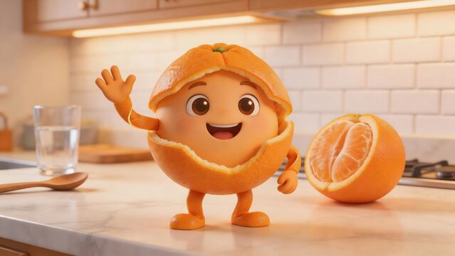Cute 3D character made of orange peel, standing on a kitchen counter, playful and creative, octane render