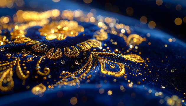 Gold thread embroidery on navy blue velvet with tiny sequins catching light creates a royal aesthetic with rich textures and detail generative AI