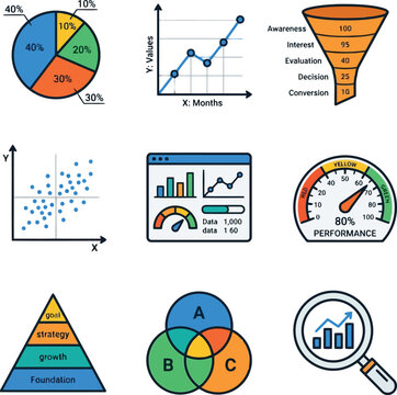 Set of colorful business icons featuring various charts graphs diagrams and data analysis tools for professional marketing and financial reporting
