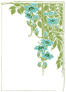 Vintage Teal Floral Corner Frame, Art Nouveau Botanical Border with Blue Green Flowers PNG