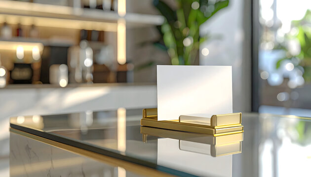 Business cards in a small brass holder on a glass counter showcase a minimalist branding aesthetic with sharp macro focus generative AI