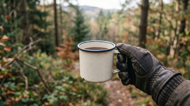 Person holding enamel mug with coffee in forest during autumn  