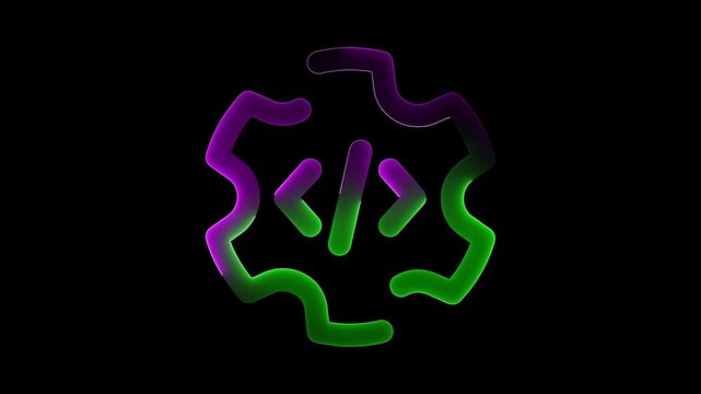 Glowing Digital Engineering Symbol with Gear and Code pink and green color saber animation with black background