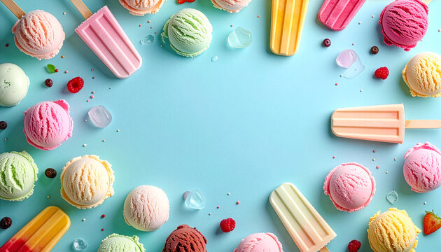 Ice Cream Scoops Flat Lay Background with Copy Space