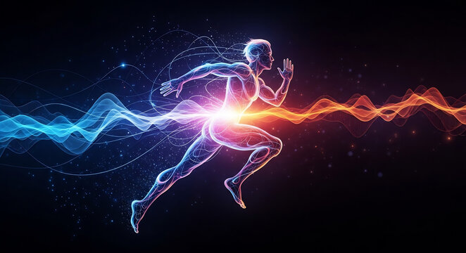 A glowing digital illustration of a man running with vibrant energy waves