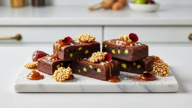 Gourmet chocolate pistachio brownies topped with caramel sauce, sea salt, and edible flowers on a marble board