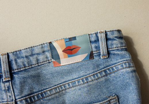  leather jacron label attached to the waistband of denim jeans. PSD template mockup.