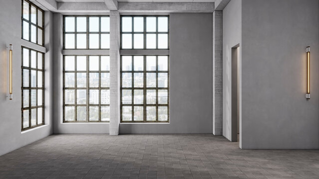 Empty industrial loft interior with large grid windows, concrete walls and floor