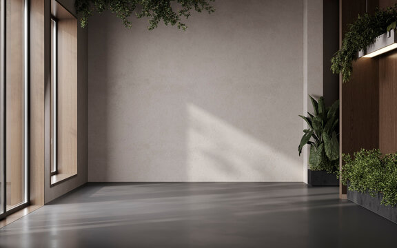 Modern classic empty room with plants, beige wall mockup and concrete floor, 3d render
