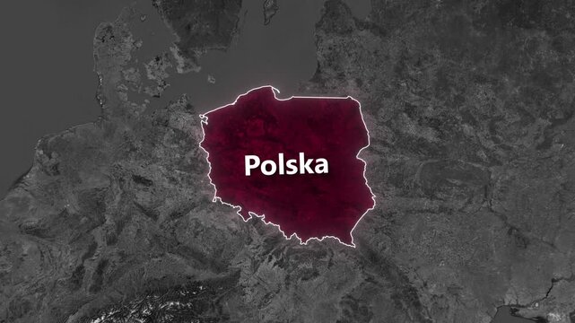 Polska country map highlighted with a glowing outline on satellite terrain video