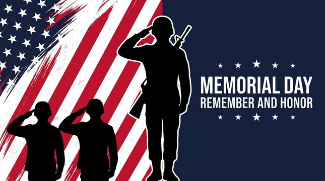 Memorial Day Vector Illustration with Soldier Silhouettes Saluting Against American Flag Background, Honoring US Military Heroes and Veterans.