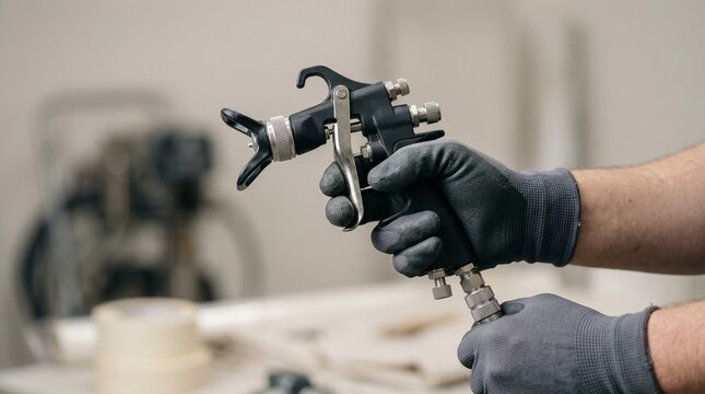 Hands holding spray gun for painting in workshop setting  