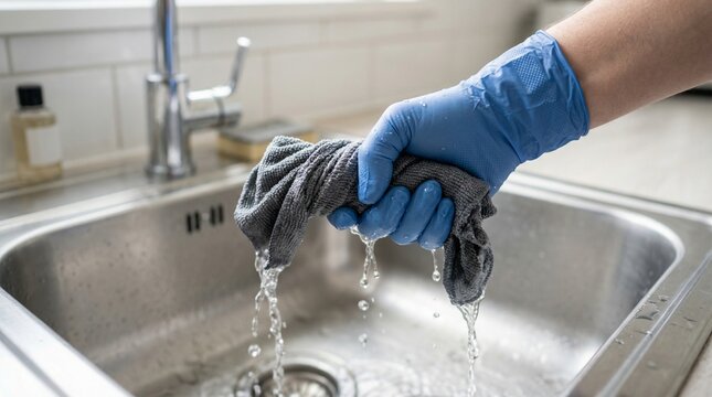 Hand in blue glove wringing out wet cloth over kitchen sink  