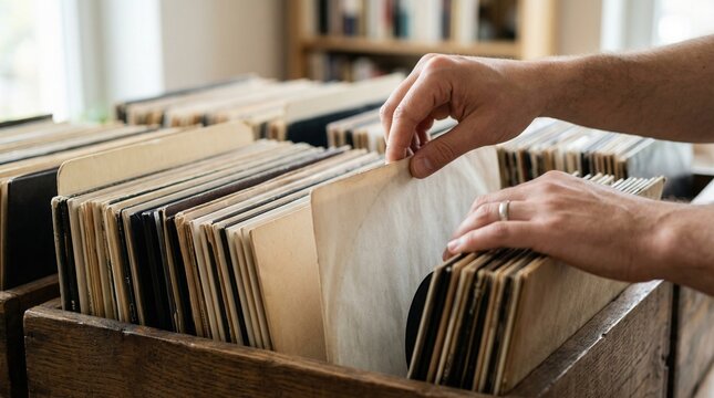 Man organizing vinyl records in wooden crate at home  