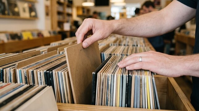 Man browsing vinyl records in music store with wooden shelves  