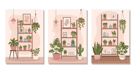 A triptych displaying three pastel toned interior scenes featuring leaning bookshelves and thriving houseplants © grvect02