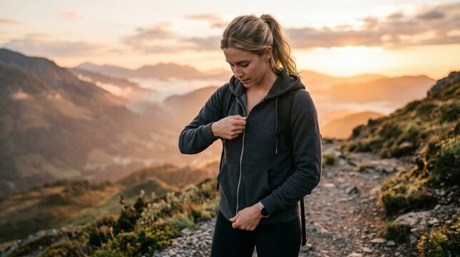 Young woman zipping hoodie while standing on mountain trail at sunset  